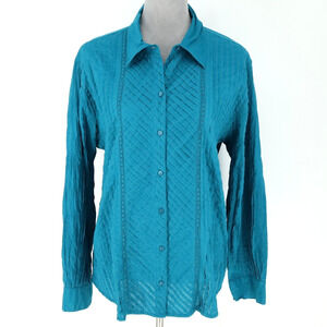 Chicos Top 3 Womens XL Blue Green Blouse Shirt Pleats Cotton Preppy Academia